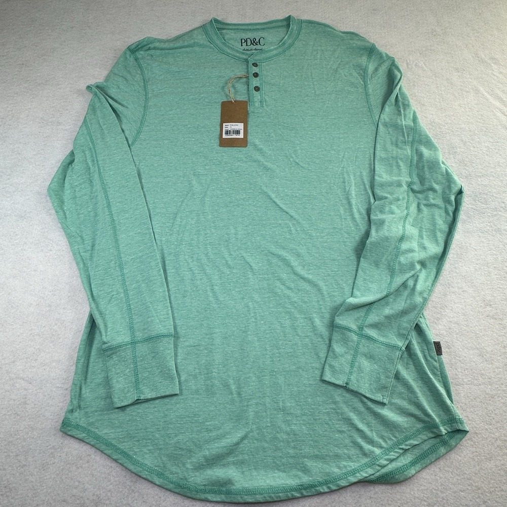 New PDC PAPER‎ DENIM CLOTH Green Long Sleeve Knit Henley Shirt Mens XL Stretch